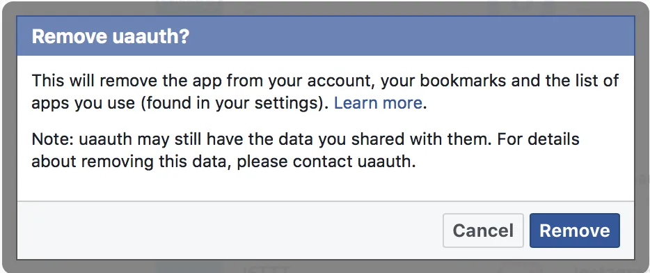 Confirm remove Facebook App