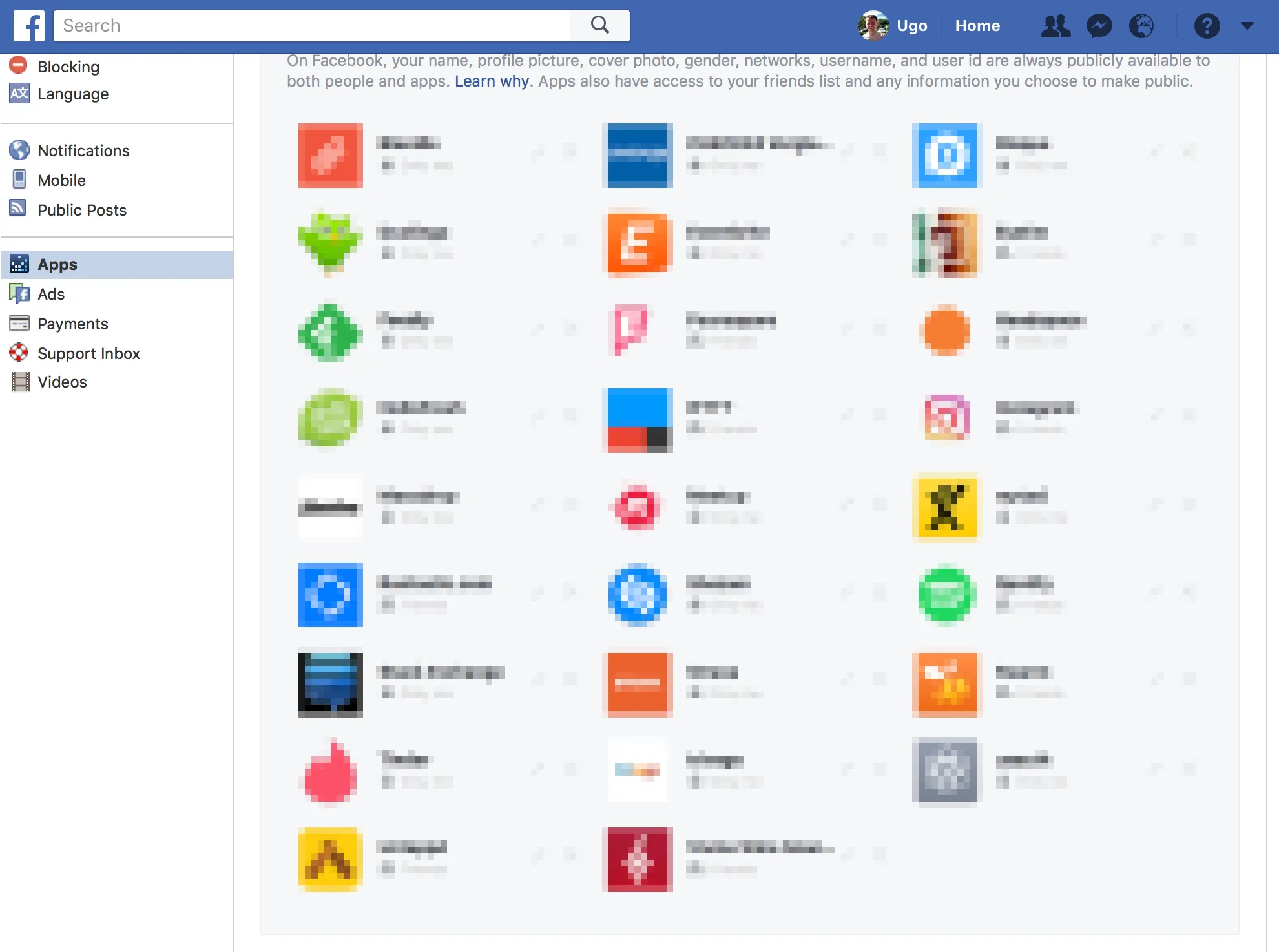 Facebook App Settings screenshot